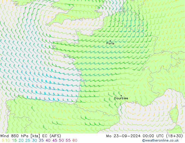 Wind 850 hPa EC (AIFS) ma 23.09.2024 00 UTC