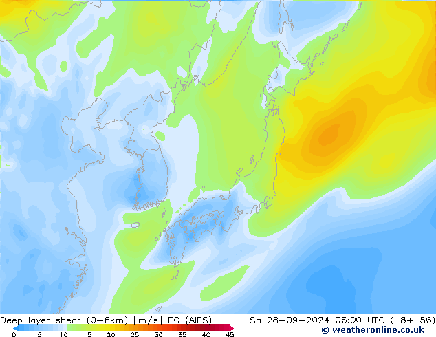 Deep layer shear (0-6km) EC (AIFS) Sa 28.09.2024 06 UTC