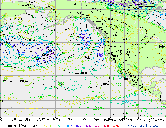 Isotachen (km/h) EC (AIFS) zo 29.09.2024 18 UTC