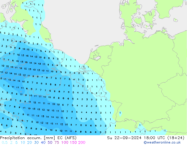 Precipitation accum. EC (AIFS) Su 22.09.2024 18 UTC