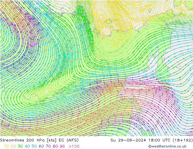 Streamlines 200 hPa EC (AIFS) Su 29.09.2024 18 UTC