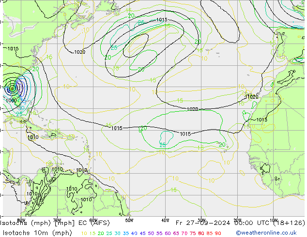 Isotachs (mph) EC (AIFS) Fr 27.09.2024 00 UTC