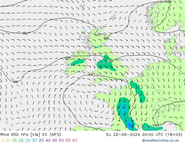 Wind 950 hPa EC (AIFS) So 22.09.2024 00 UTC