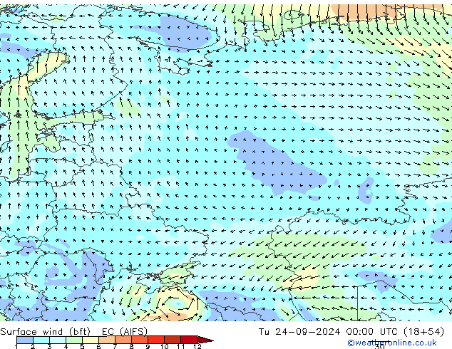 Surface wind (bft) EC (AIFS) Tu 24.09.2024 00 UTC