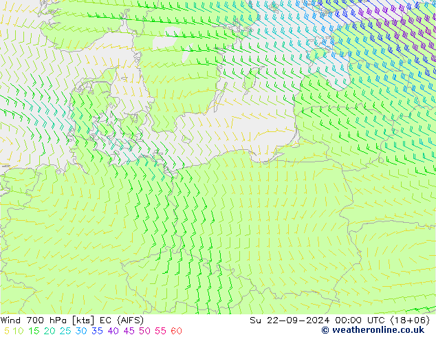 Vento 700 hPa EC (AIFS) dom 22.09.2024 00 UTC