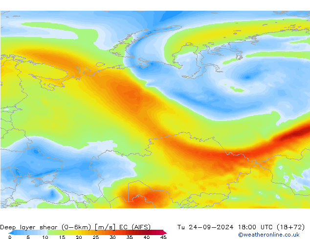 Deep layer shear (0-6km) EC (AIFS) di 24.09.2024 18 UTC