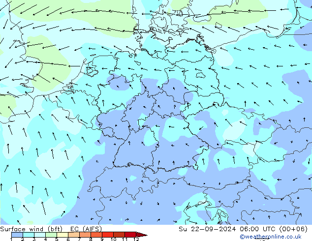 Vento 10 m (bft) EC (AIFS) Dom 22.09.2024 06 UTC