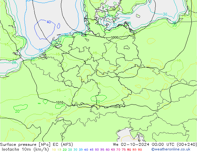 Isotachen (km/h) EC (AIFS) wo 02.10.2024 00 UTC