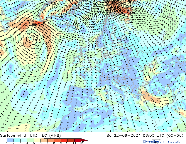 Bodenwind (bft) EC (AIFS) So 22.09.2024 06 UTC