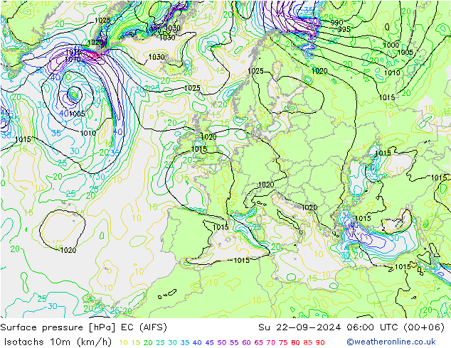 Isotachs (kph) EC (AIFS) Вс 22.09.2024 06 UTC