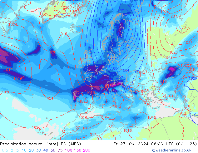 Precipitation accum. EC (AIFS) Fr 27.09.2024 06 UTC