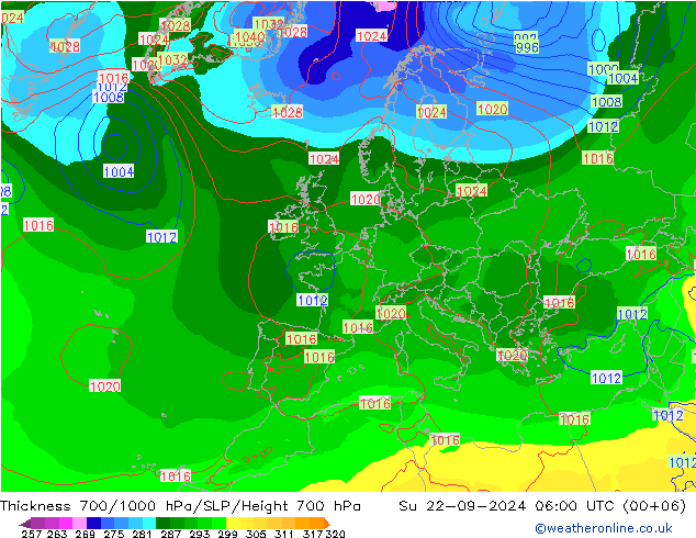 Thck 700-1000 hPa EC (AIFS) 星期日 22.09.2024 06 UTC