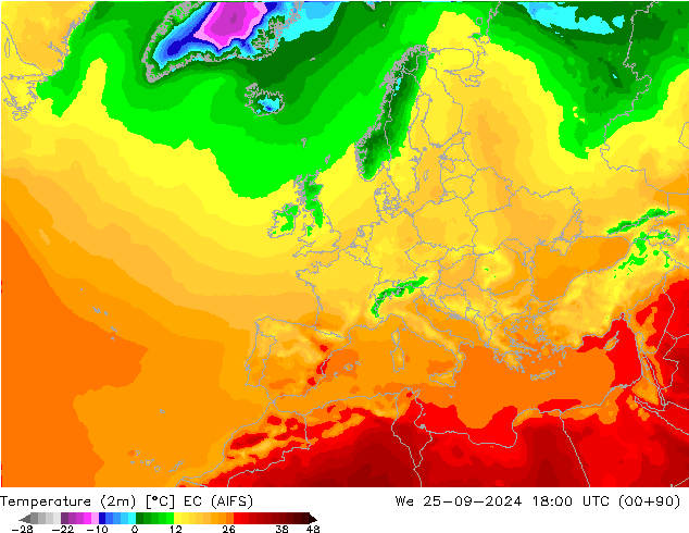 Temperature (2m) EC (AIFS) We 25.09.2024 18 UTC