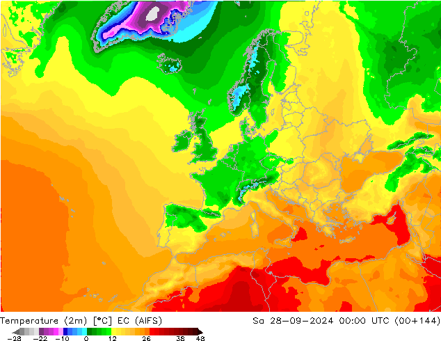 Temperatuurkaart (2m) EC (AIFS) za 28.09.2024 00 UTC