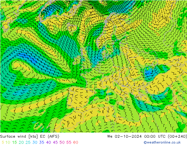 Surface wind EC (AIFS) We 02.10.2024 00 UTC