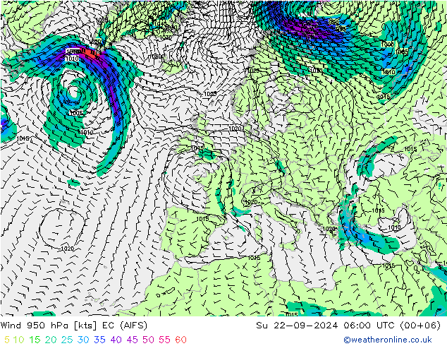 Wind 950 hPa EC (AIFS) So 22.09.2024 06 UTC