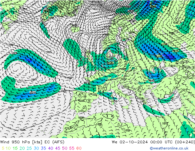 Wind 950 hPa EC (AIFS) wo 02.10.2024 00 UTC