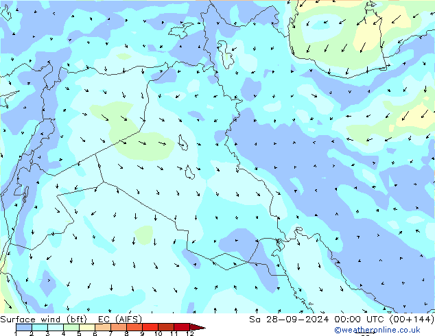 Wind 10 m (bft) EC (AIFS) za 28.09.2024 00 UTC