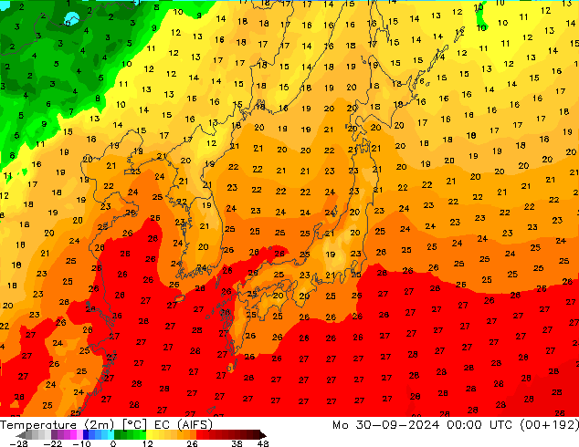 Temperaturkarte (2m) EC (AIFS) Mo 30.09.2024 00 UTC