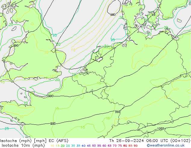 Isotachs (mph) EC (AIFS) чт 26.09.2024 06 UTC