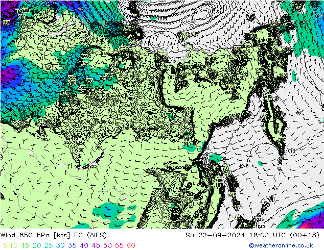 ветер 850 гПа EC (AIFS) Вс 22.09.2024 18 UTC