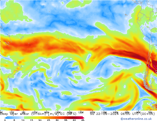 Deep layer shear (0-6km) EC (AIFS) Su 22.09.2024 06 UTC