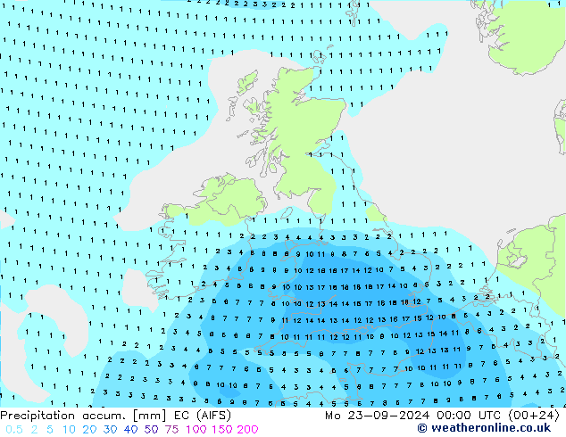 Precipitation accum. EC (AIFS) Mo 23.09.2024 00 UTC