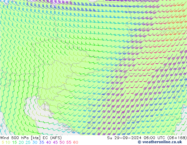 Vento 500 hPa EC (AIFS) dom 29.09.2024 06 UTC