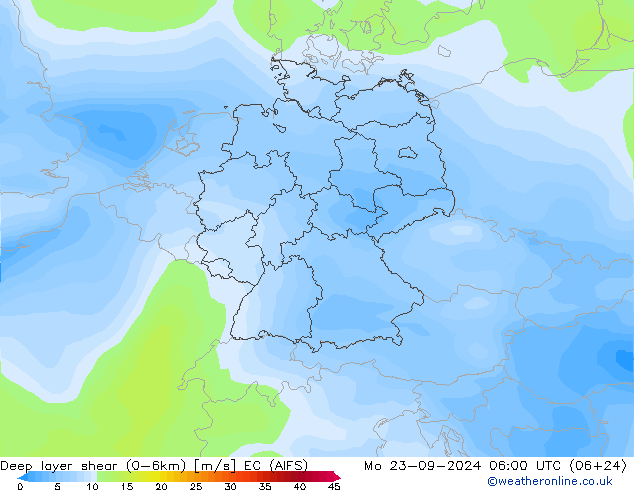 Deep layer shear (0-6km) EC (AIFS) Mo 23.09.2024 06 UTC