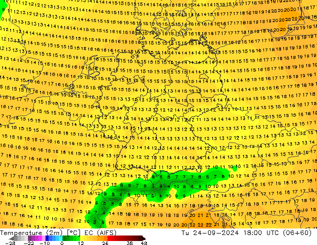 Temperature (2m) EC (AIFS) Tu 24.09.2024 18 UTC