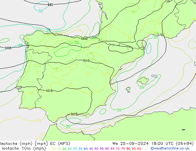 Isotachen (mph) EC (AIFS) wo 25.09.2024 18 UTC