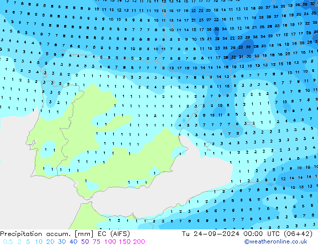 Precipitation accum. EC (AIFS) Tu 24.09.2024 00 UTC