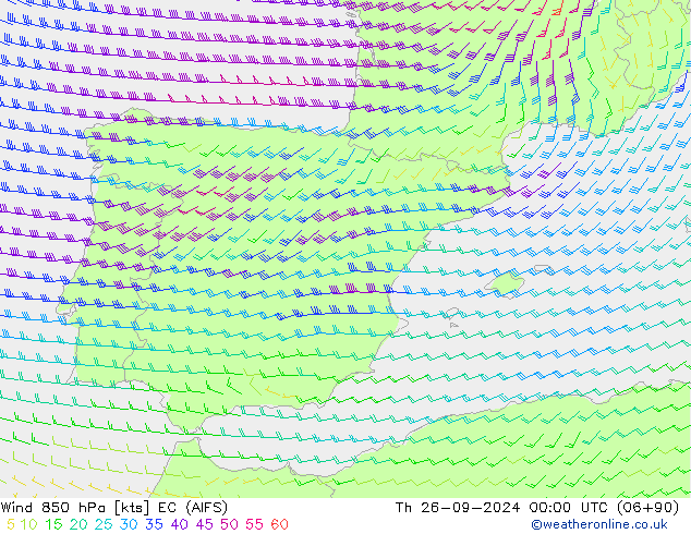 Viento 850 hPa EC (AIFS) jue 26.09.2024 00 UTC