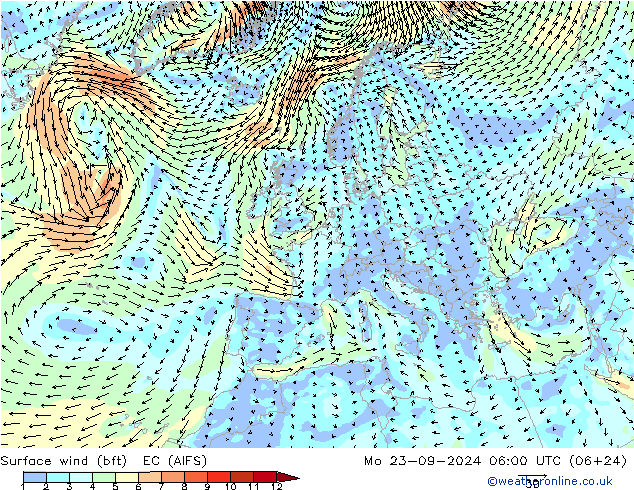 Surface wind (bft) EC (AIFS) Po 23.09.2024 06 UTC