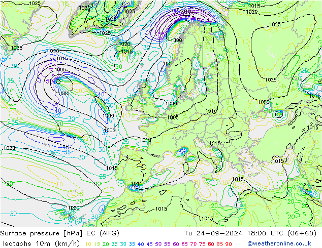 Isotachs (kph) EC (AIFS)  24.09.2024 18 UTC