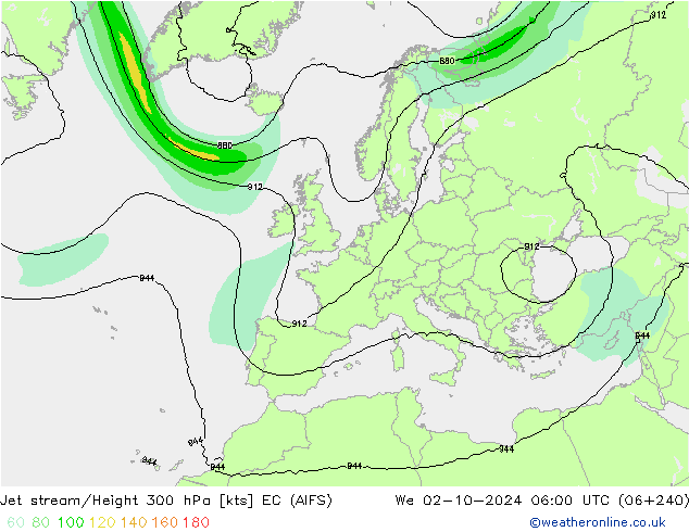 Jet stream/Height 300 hPa EC (AIFS) We 02.10.2024 06 UTC