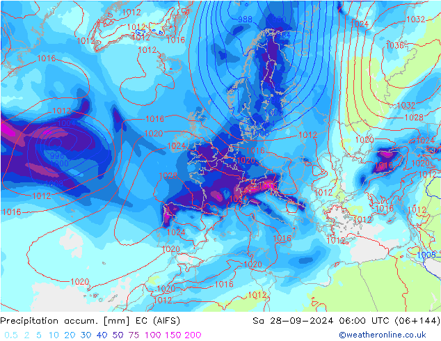 Precipitation accum. EC (AIFS) Sa 28.09.2024 06 UTC