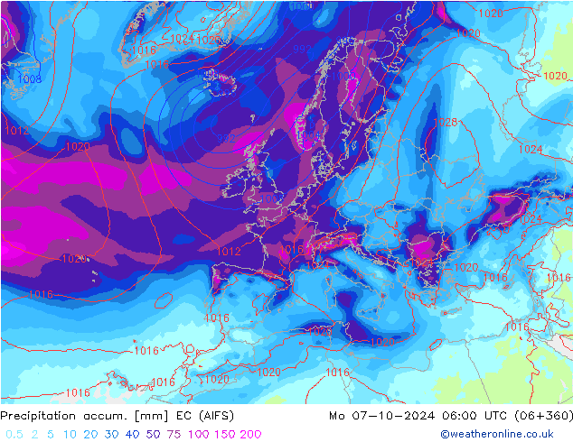 Precipitation accum. EC (AIFS) пн 07.10.2024 06 UTC