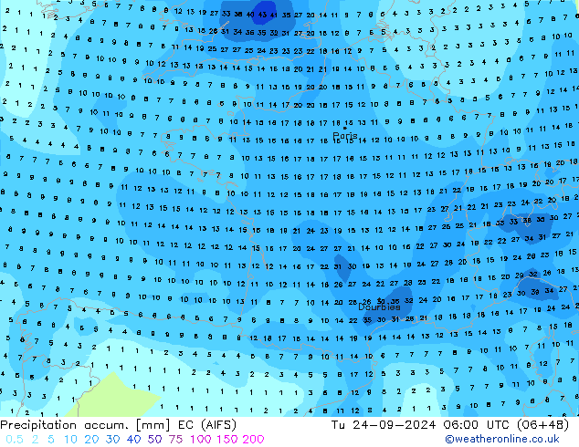 Precipitation accum. EC (AIFS) Tu 24.09.2024 06 UTC