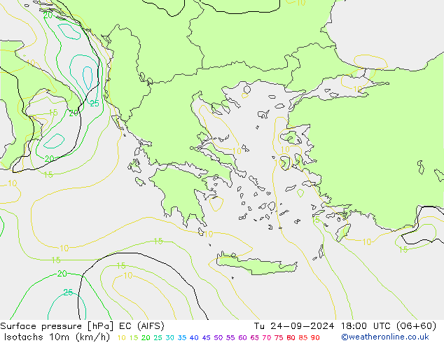 Izotacha (km/godz) EC (AIFS) wto. 24.09.2024 18 UTC