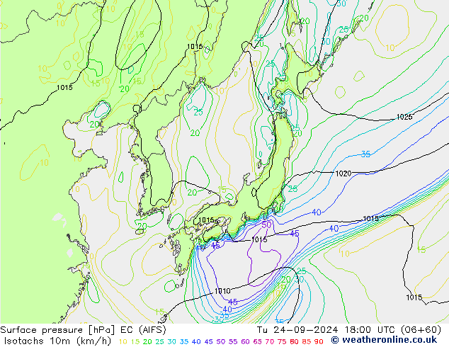 Isotachs (kph) EC (AIFS) Tu 24.09.2024 18 UTC