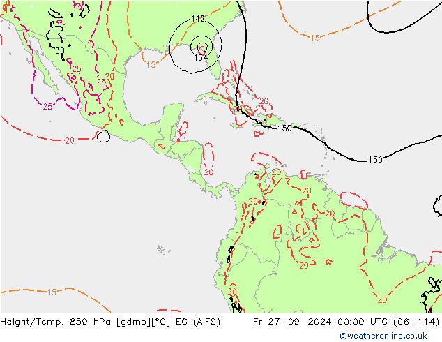 Hoogte/Temp. 850 hPa EC (AIFS) vr 27.09.2024 00 UTC