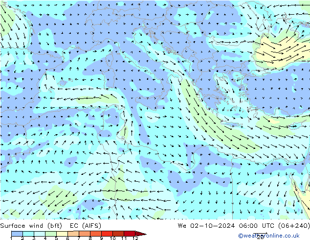 Surface wind (bft) EC (AIFS) We 02.10.2024 06 UTC