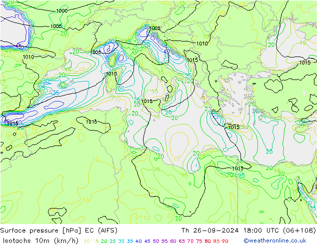 Isotachen (km/h) EC (AIFS) do 26.09.2024 18 UTC