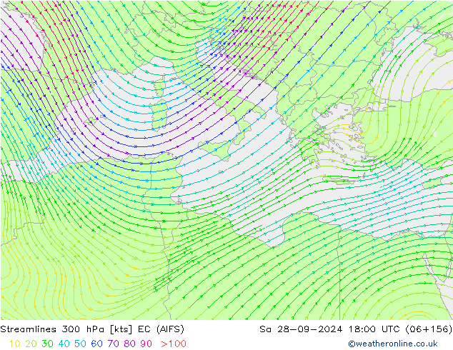 Linia prądu 300 hPa EC (AIFS) so. 28.09.2024 18 UTC