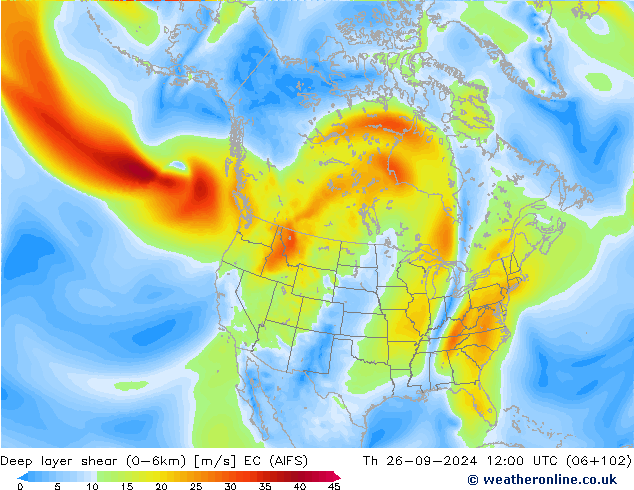 Deep layer shear (0-6km) EC (AIFS) чт 26.09.2024 12 UTC