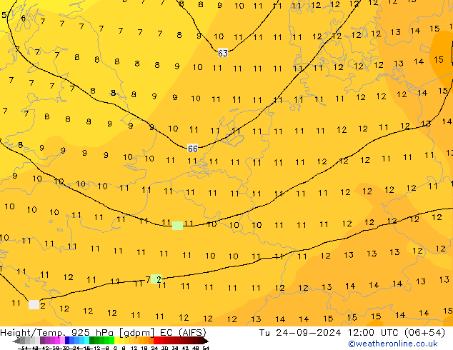 Height/Temp. 925 hPa EC (AIFS) Tu 24.09.2024 12 UTC