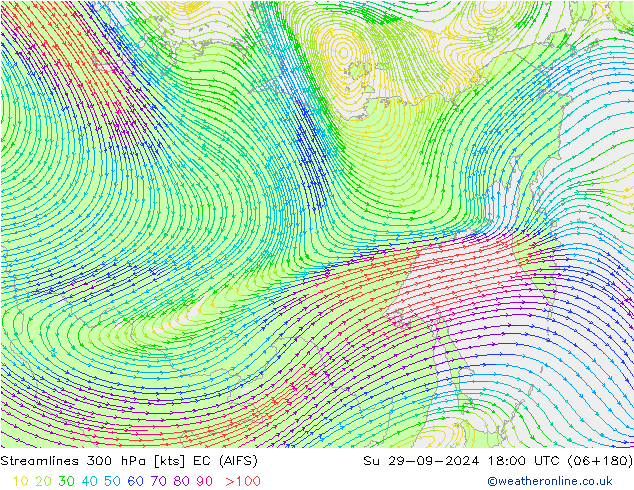 Streamlines 300 hPa EC (AIFS) Su 29.09.2024 18 UTC