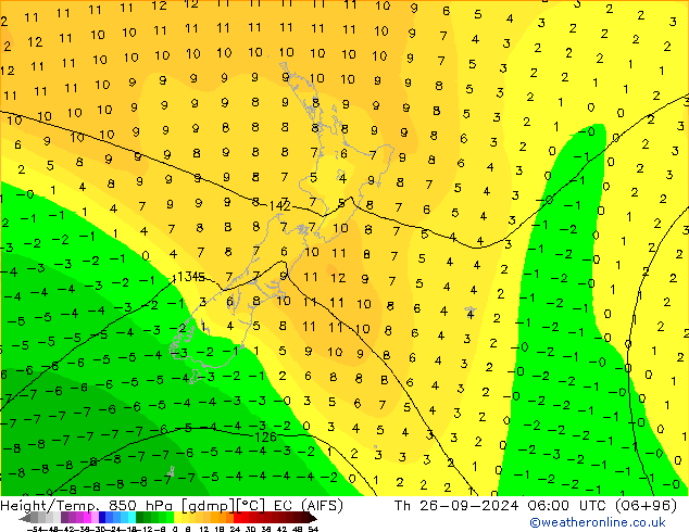 Hoogte/Temp. 850 hPa EC (AIFS) do 26.09.2024 06 UTC