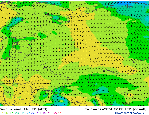 Vento 10 m EC (AIFS) mar 24.09.2024 06 UTC